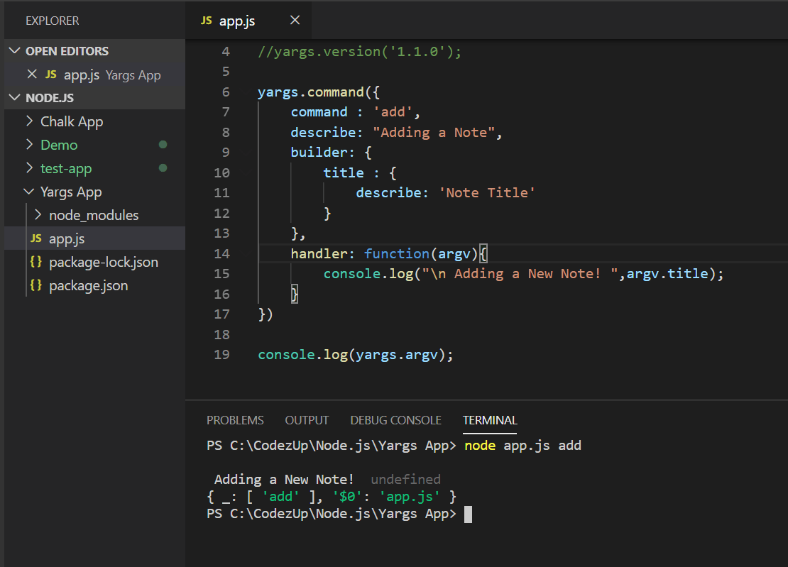 Yargs add command along with builder property without argumnet
