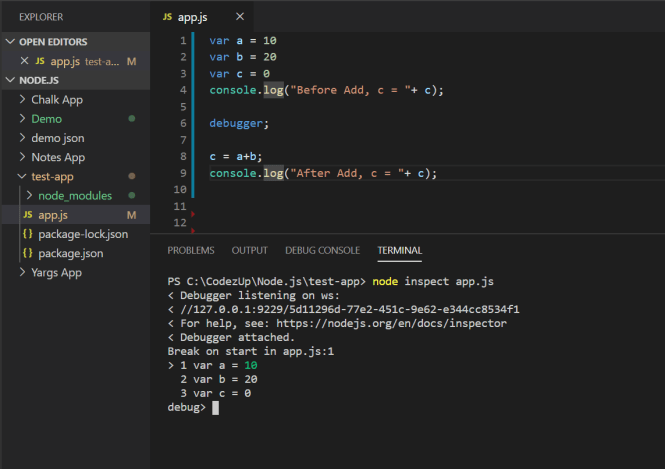 node inspect app js debugger running node js application