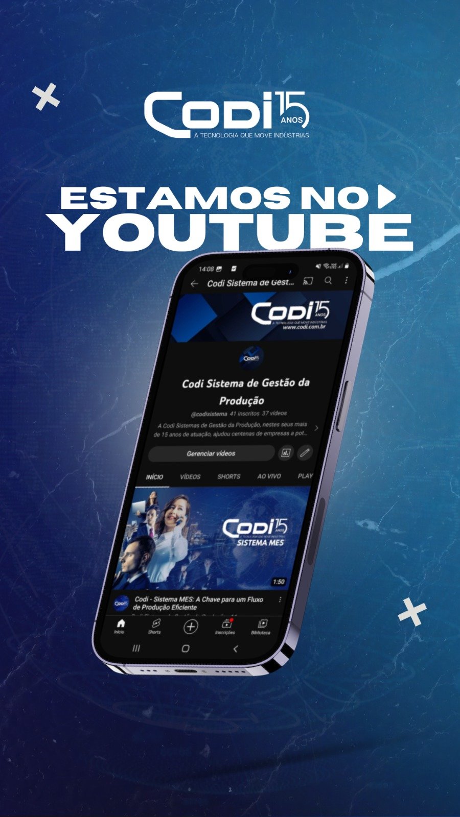 Imagem de um celular com o canal da Codi aberto no YouTube, exemplificando nossa presença no canal.