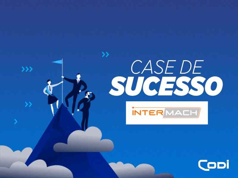 Imagem gráfica de pessoas em cima de uma montanha, representando o Cases de Sucesso com o logo da empresa Intermach