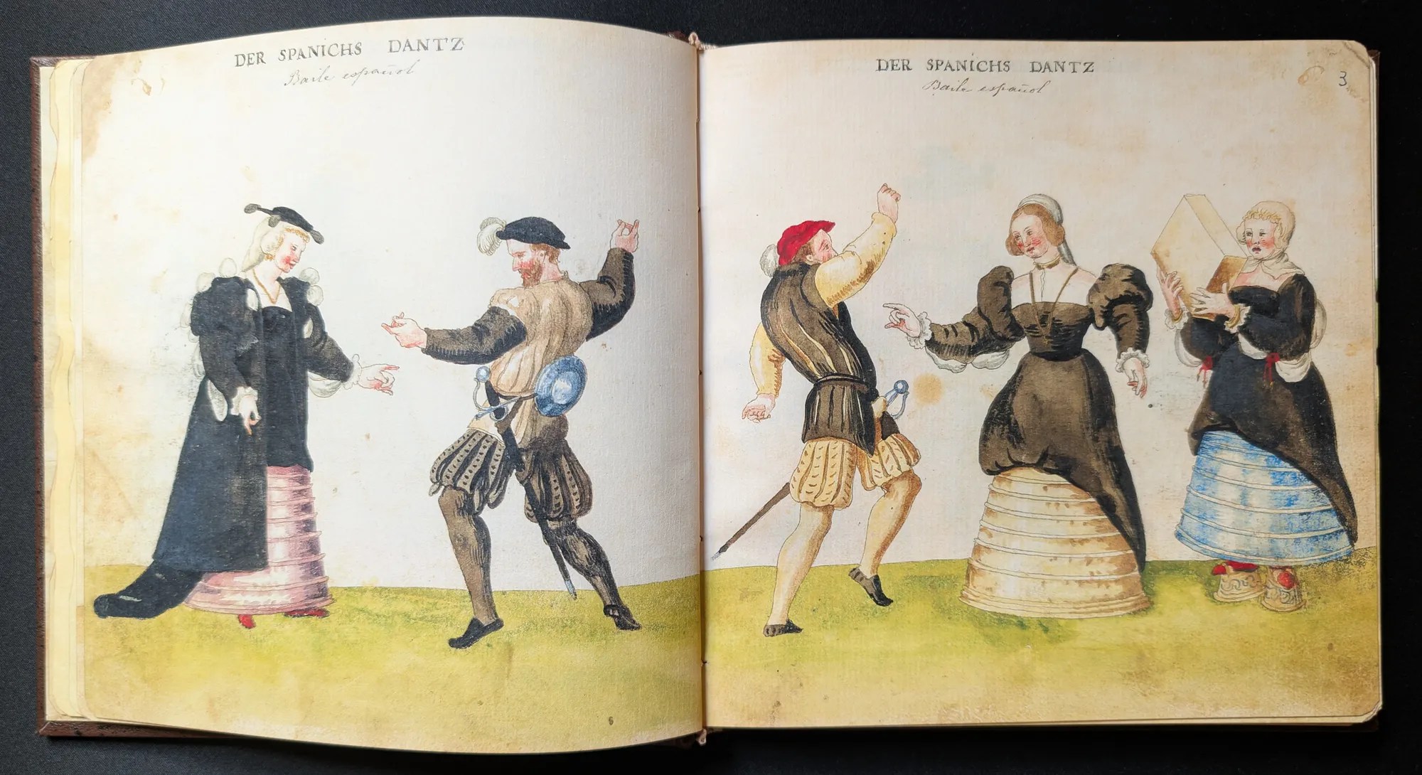 Imagen del facsímil del Códice de Trajes: Folios 2v-3r, Soldados y mujeres bailando, Editorial PIAF