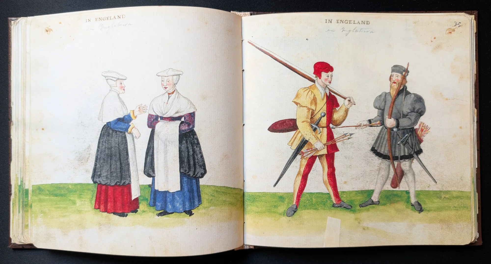 Imagen del facsímil del Códice de Trajes: Folios 34v-35r, mujeres y hombres de Inglaterra, Editorial PIAF
