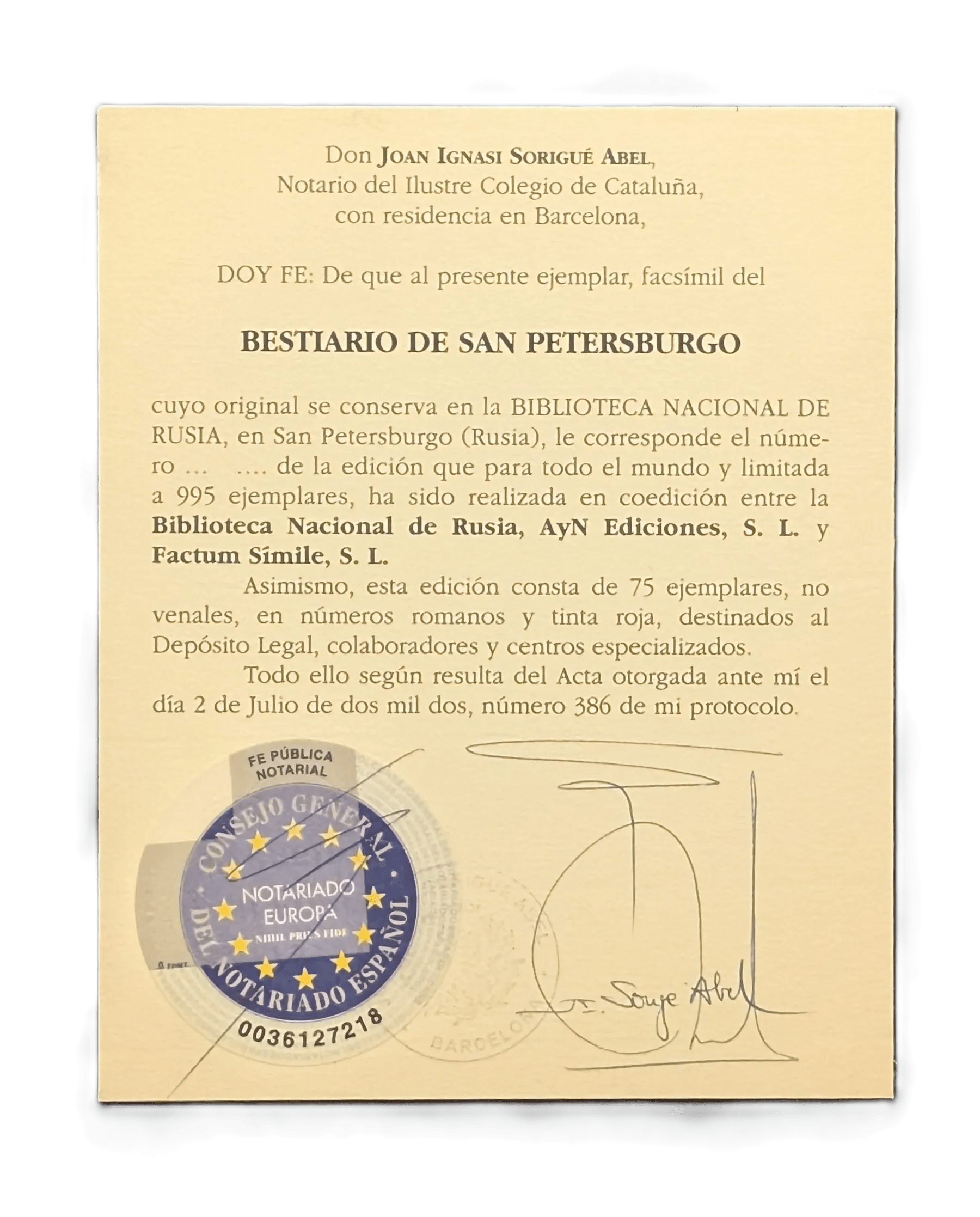 Acta Notarial del facsímil del Bestiario de San Petersburgo