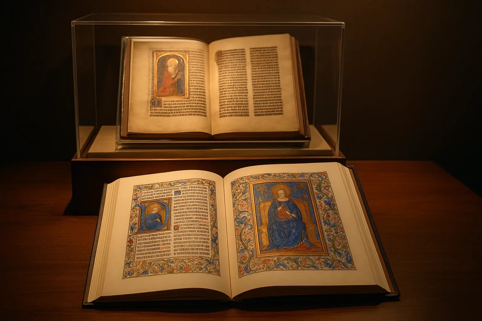 Imagen representativa de un manuscrito original conservado en una vitrina, y enfrente un facsímil expuesto
