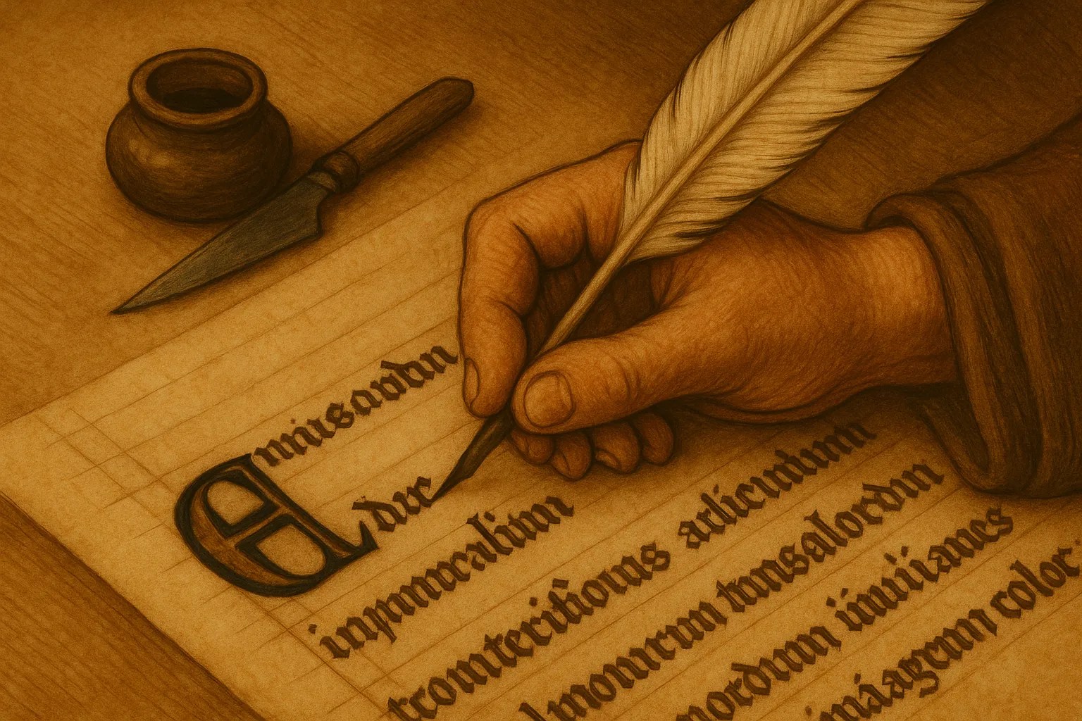 Representación de un copista escribiendo en un pergamino pautado