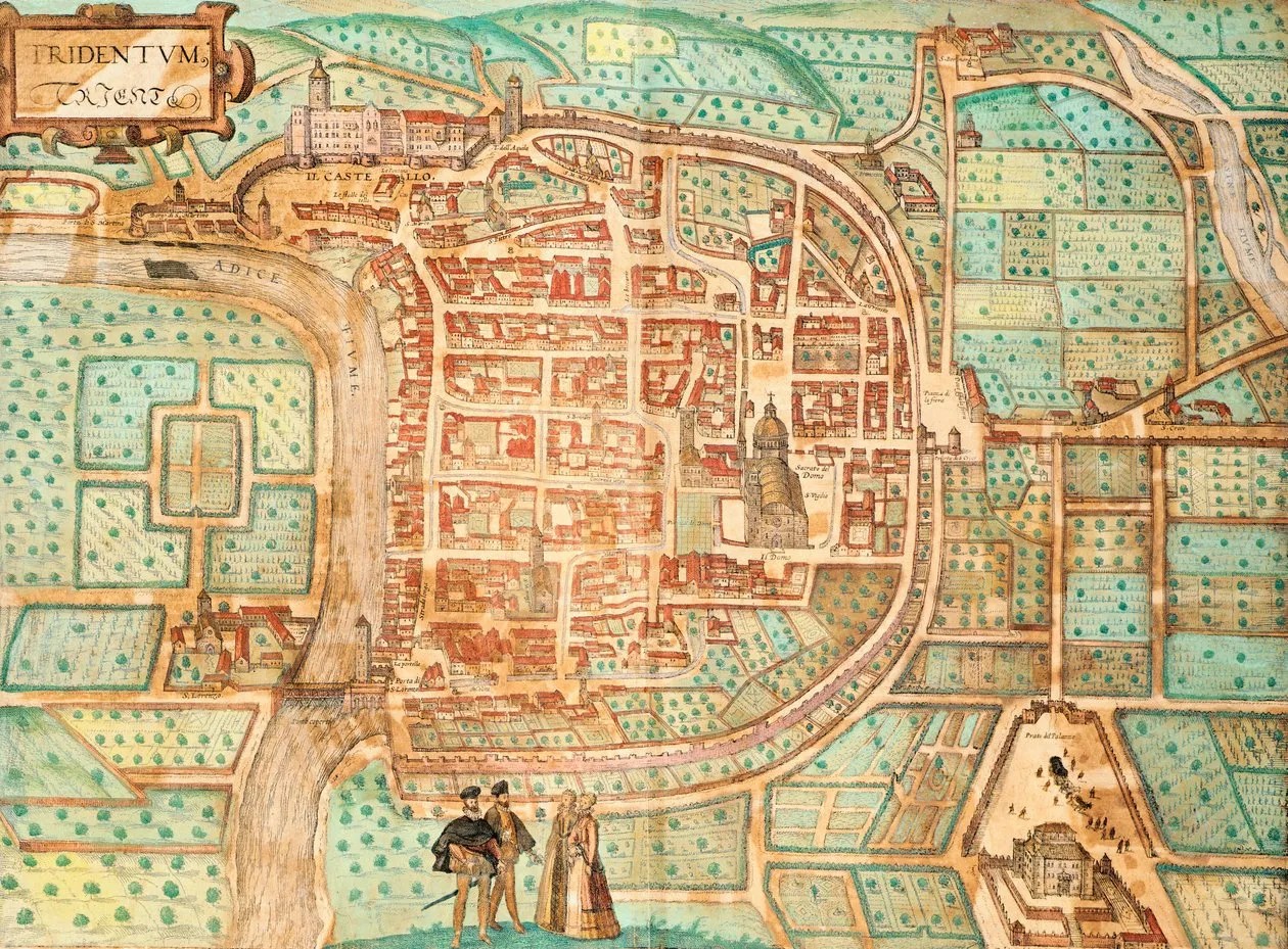 Tridentum (Trento), vista de ciudad, de Braun & Hogenberg, del Civitates orbis terrarum