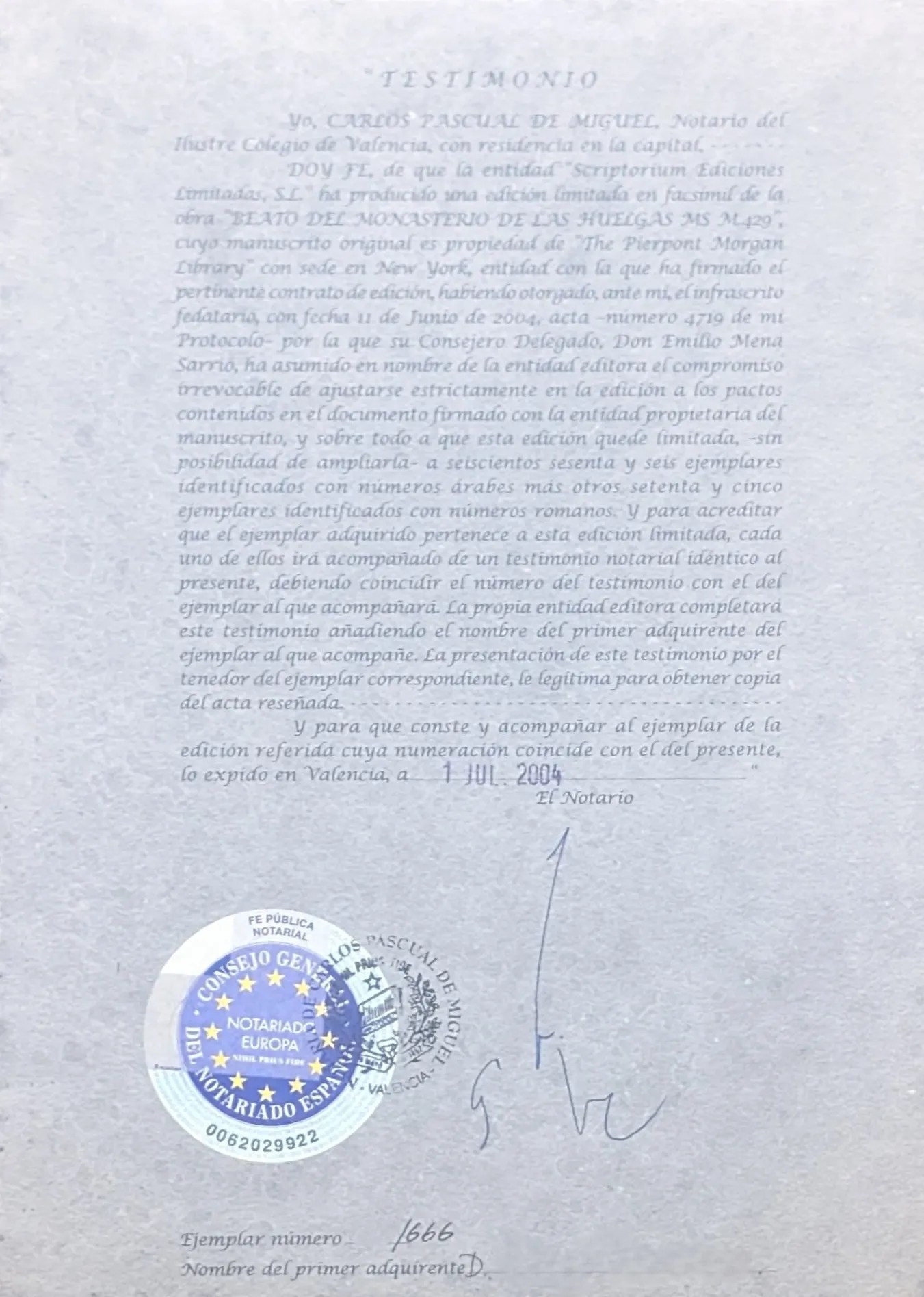 Testimonio Notarial del Facsímil del Beato de las Huelgas