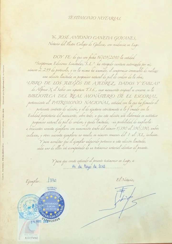 Acta notarial del Facsímil del Libro de los Juegos de Alfonso X
