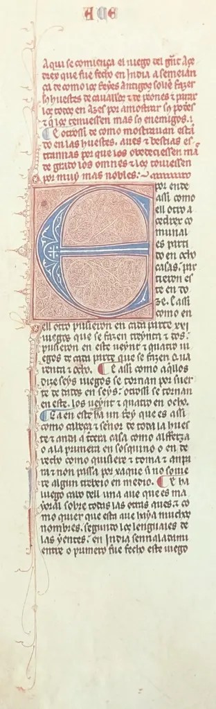 Ejemplo de una inicial decorada (E) el en Libro de los Juegos de Alfonso X