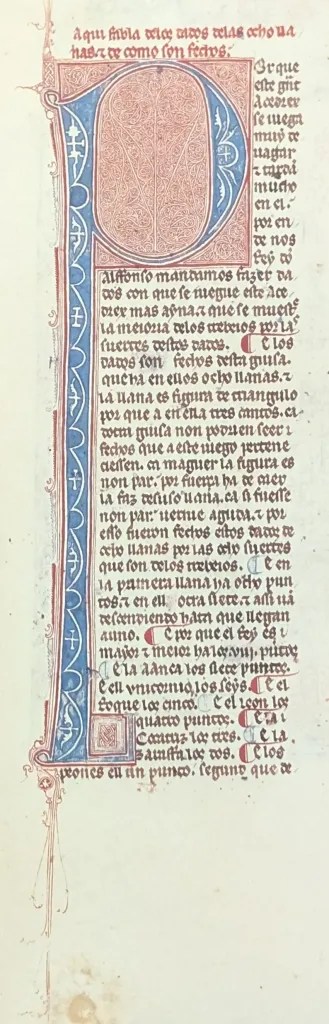 Ejemplo de una inicial decorada (P) el en Libro de los Juegos de Alfonso X