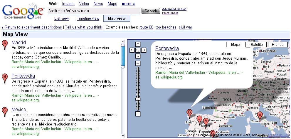 Google experimenta coas buscas xeográficas.