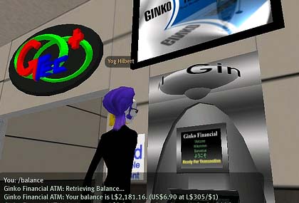 Avatar de Second Life facendo uso dun caixeiro automático de Ginko