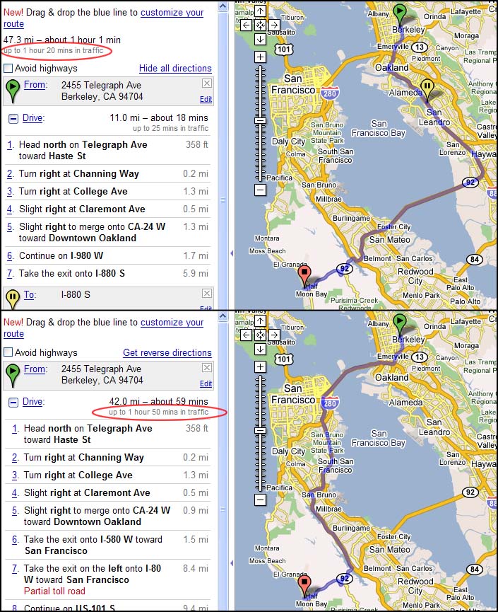 Comparación de dous traxectos en Google Maps