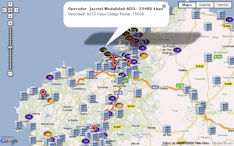 Galicia vista no mapa de ADSL Net