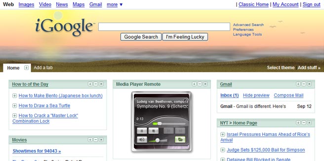 iGoogle cun reprodutor multimedia de ficheiros remotos