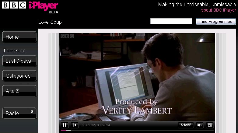 O BBC iPlayer reproducindo o último capítulo da serie Love Soup