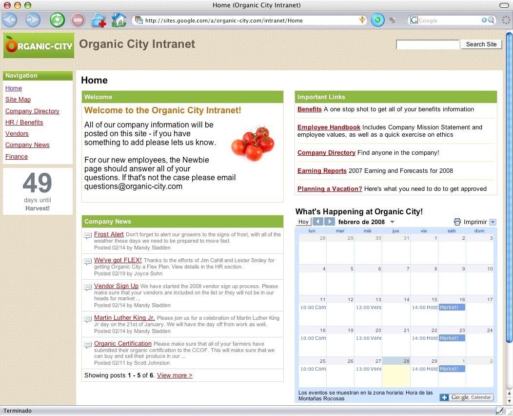Web de exemplo do servizo Google Sites