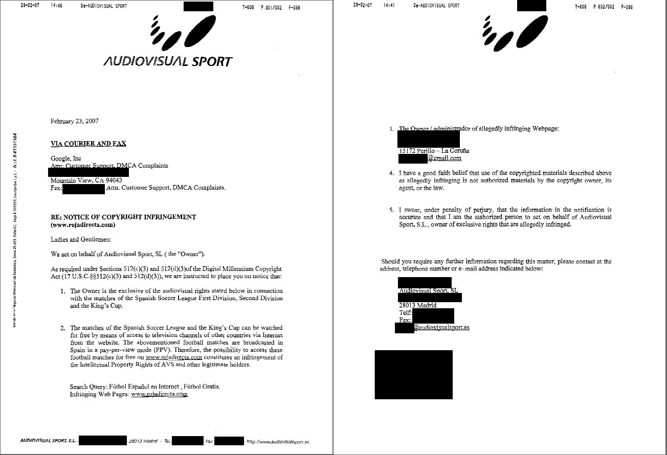 Petición de Audiovisual Sport a Google argumentando a DMCA contra Rojadirecta.com