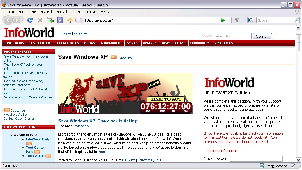 SaveXP.com, a web de Galen Gruman en favor do Windows XP