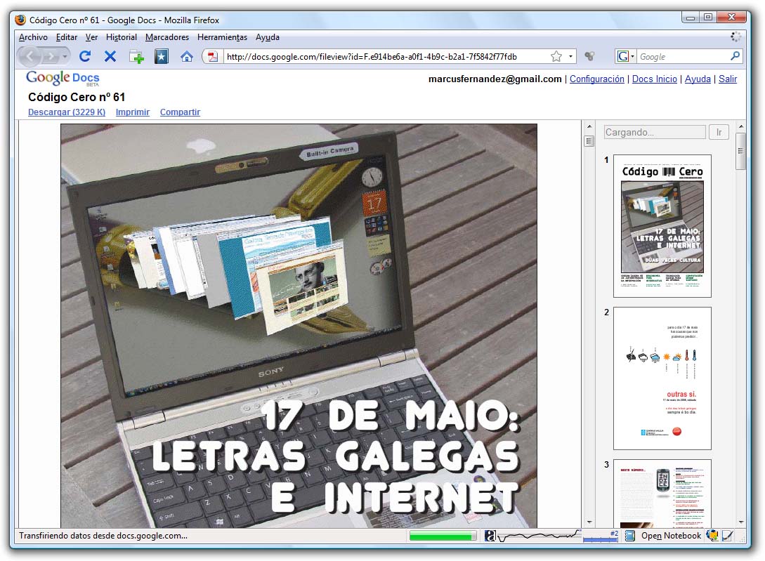Accedendo ao anterior número en PDF da revista Código Cero dende Google Docs