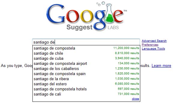 Google Suggest en acción na súa versión en inglés