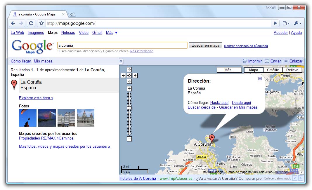 Debaixo dos mapas de Google aparecen ligazóns patrocinadas