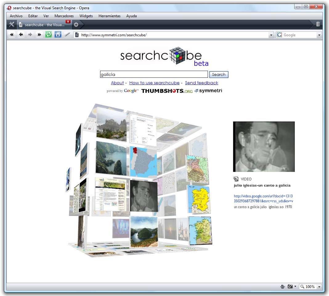 SearchCube agrupa nos seus resultados páxinas web, imaxes e vídeos