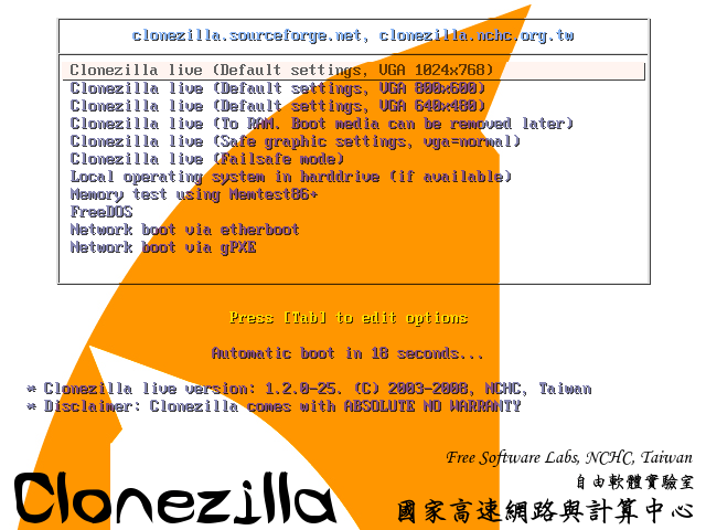 Pantalla de inicio do Clonezilla Live