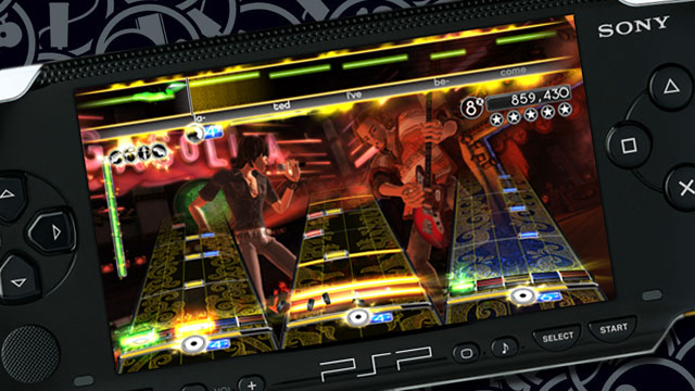 Imaxe na que se representa cómo podería ser o Rock Band visto na PSP