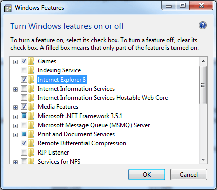 Dende Windows Features póndese desactivar distintas funcións de Windows 7