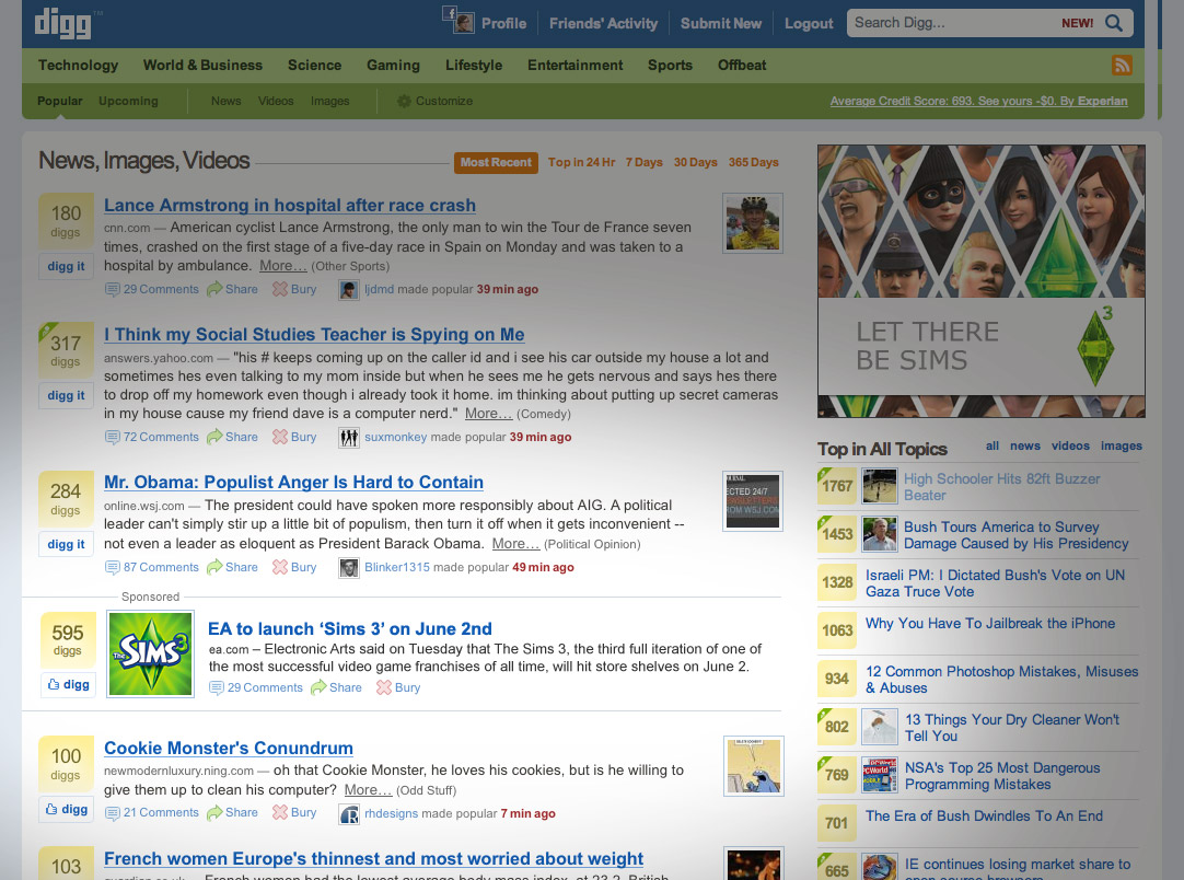 Exemplo dun anuncio (Sims 3) votable en Digg