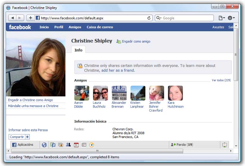 Christine Shipley sorprendeu ao conseguir o enderezo web facebook.com/default.aspx