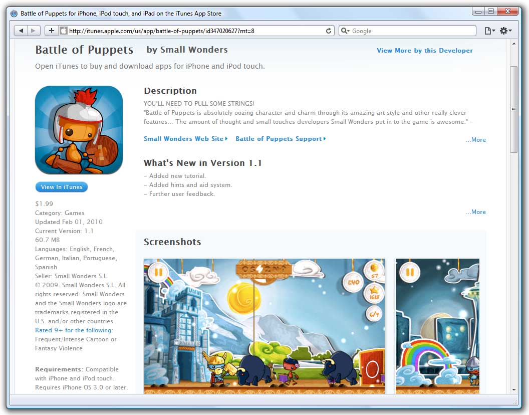 Agora podemos ver vía web a ficha oficial da App Store do xogo Battle of Puppets