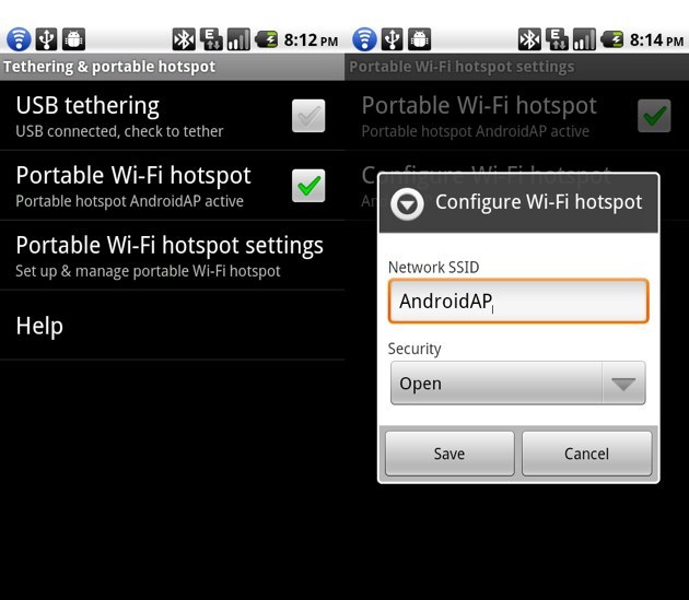 Imaxe na que podemos ver que Android 2.2 permite crear puntos de acceso Wi-Fi dende o móbil
