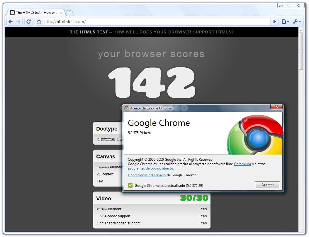 A nova beta de Google Chrome acada un 142 sobre 160 nun test de compatibilidade con HTML5