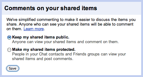 O usuarios de Google Reader agora poden elixir se queren que os seus elementos compartidos sexan públicos