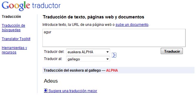 Exemplo do soporte de éuscaro en Google Translate
