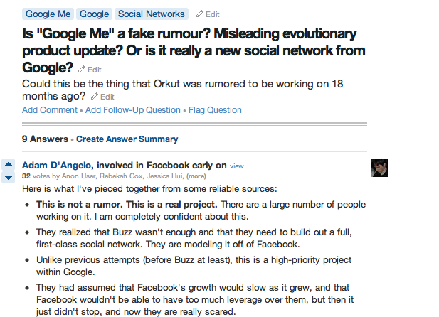 Adam D'Angelo confirmou a existencia do proxecto Google Me