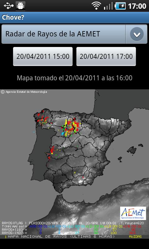 Captura de pantalla da aplicación Chove