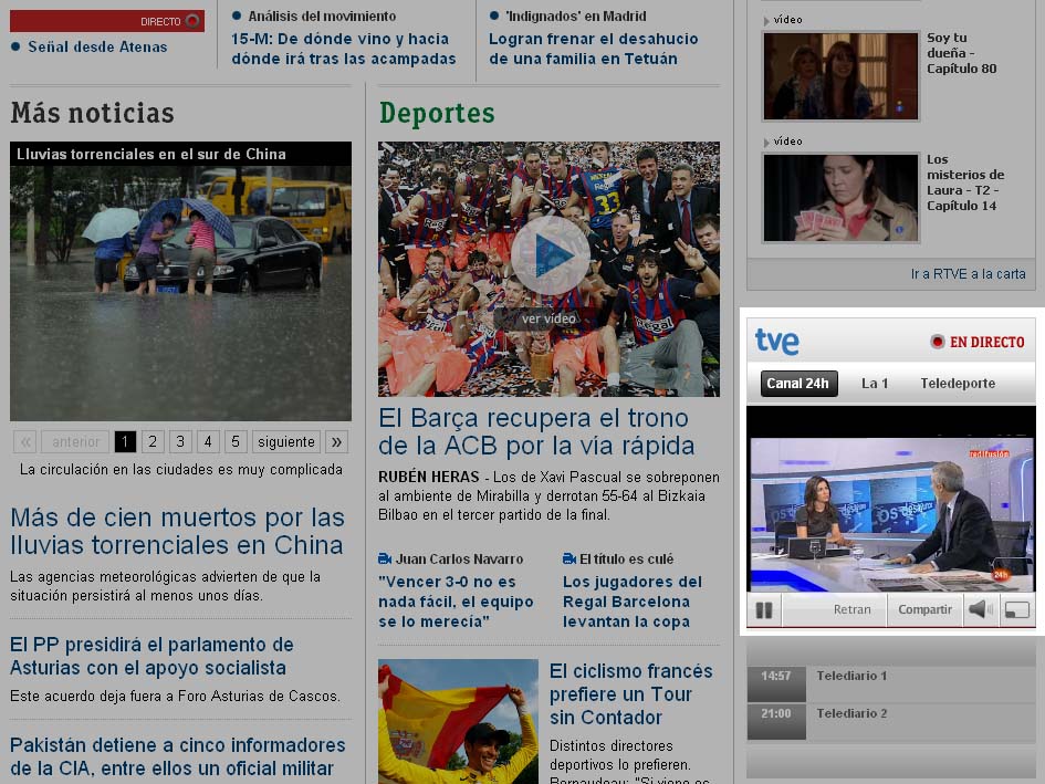 A nova portada da páxina web de RTVE facilita o acceso ás emisións en directo de TVE (24 Horas, La 1 e Teledeporte)