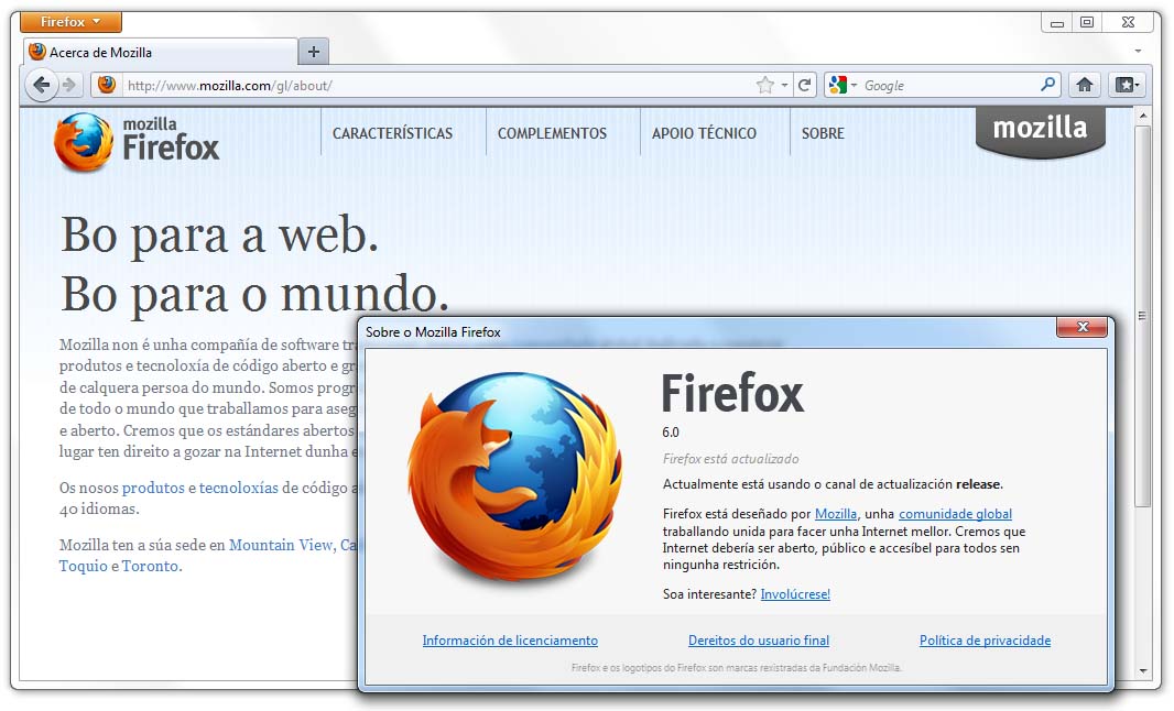 O Firefox 6.0 pode descargarse en galego para Windows, Mac OS X e Linux