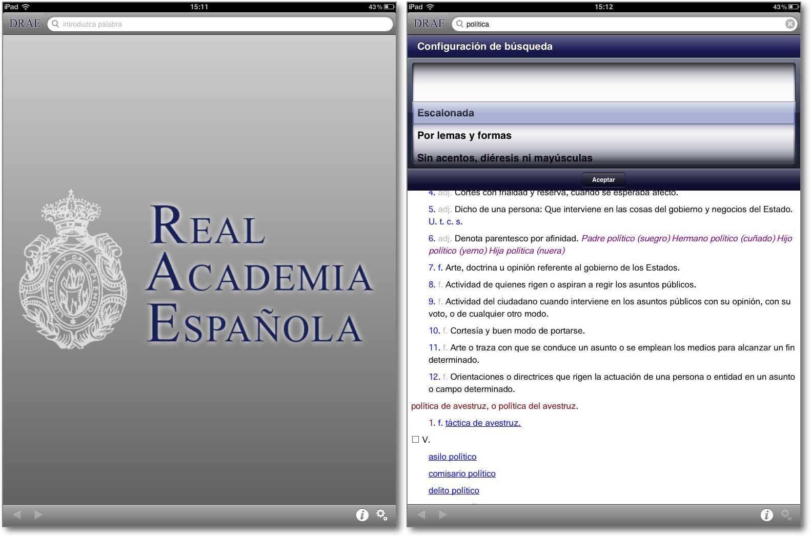 Imaxes da aplicación para iPad do Dicionario da RAE