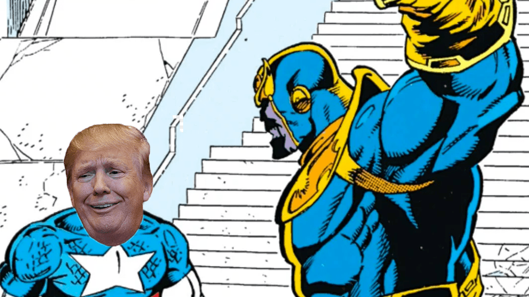 Trump como el capitán America junto a thanos