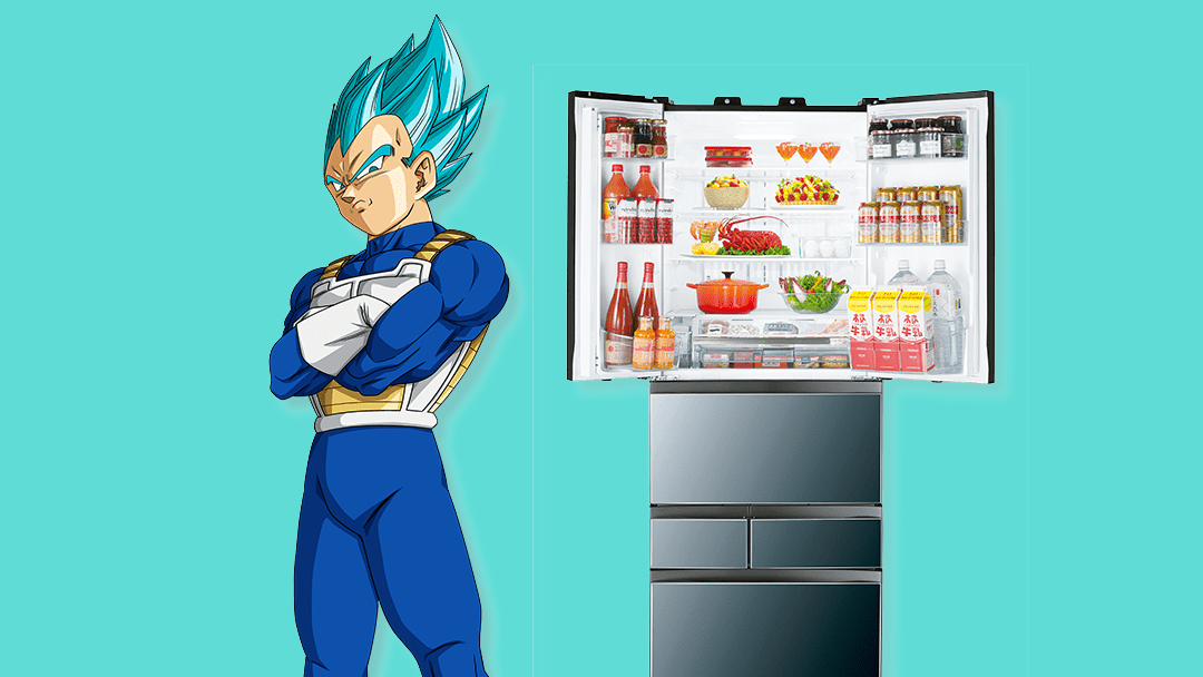 Vegeta al lado de un refrigerador
