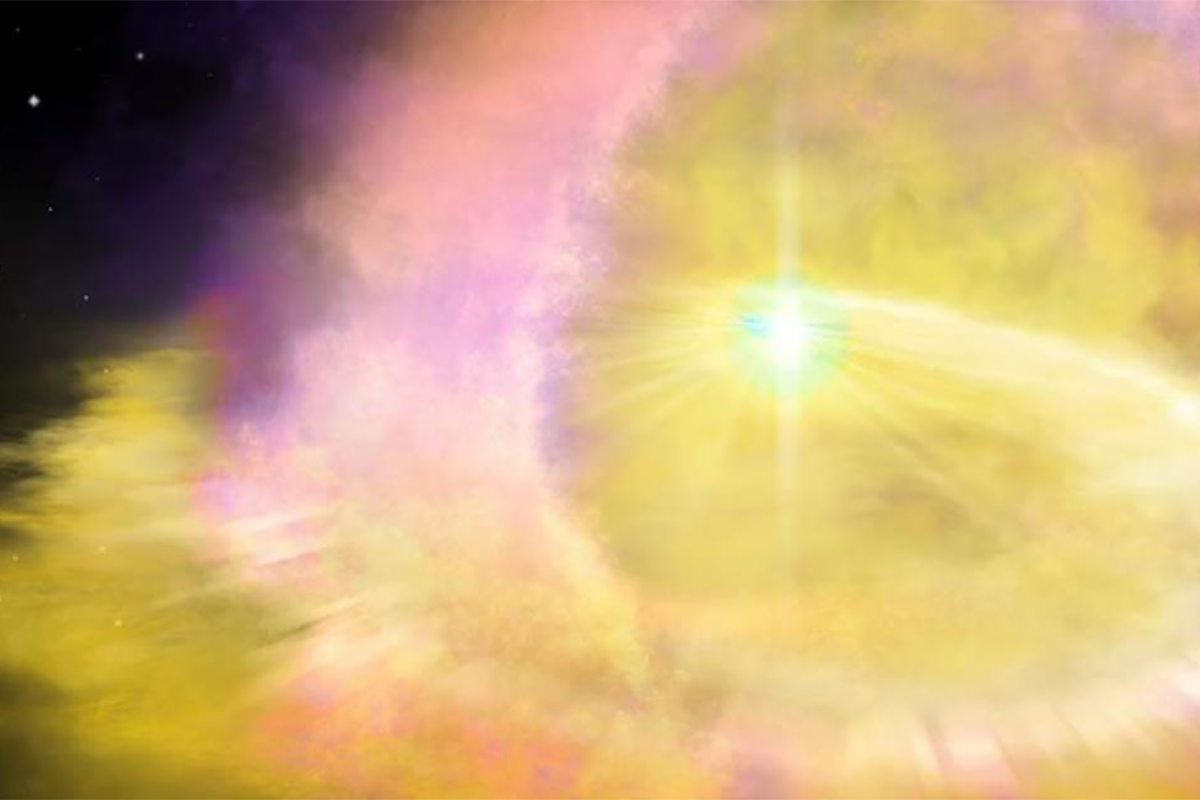 Impresión artística de la supernova SN2016aps, proporcionada por la Universidad Northwestern el 13 de abril de 2020. Aaron Geller / Universidad Northwestern