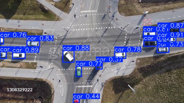 Aerial view of an intersection with vehicles identified and labeled, showing bounding boxes around cars and their confidence scores.