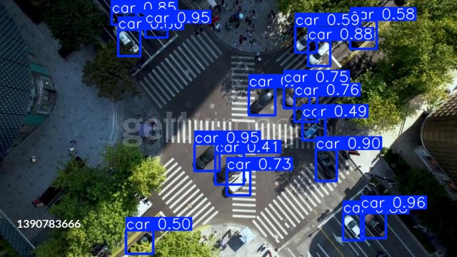 Aerial view of a crosswalk with multiple vehicles detected, each labeled with bounding boxes and confidence scores indicating detection accuracy.