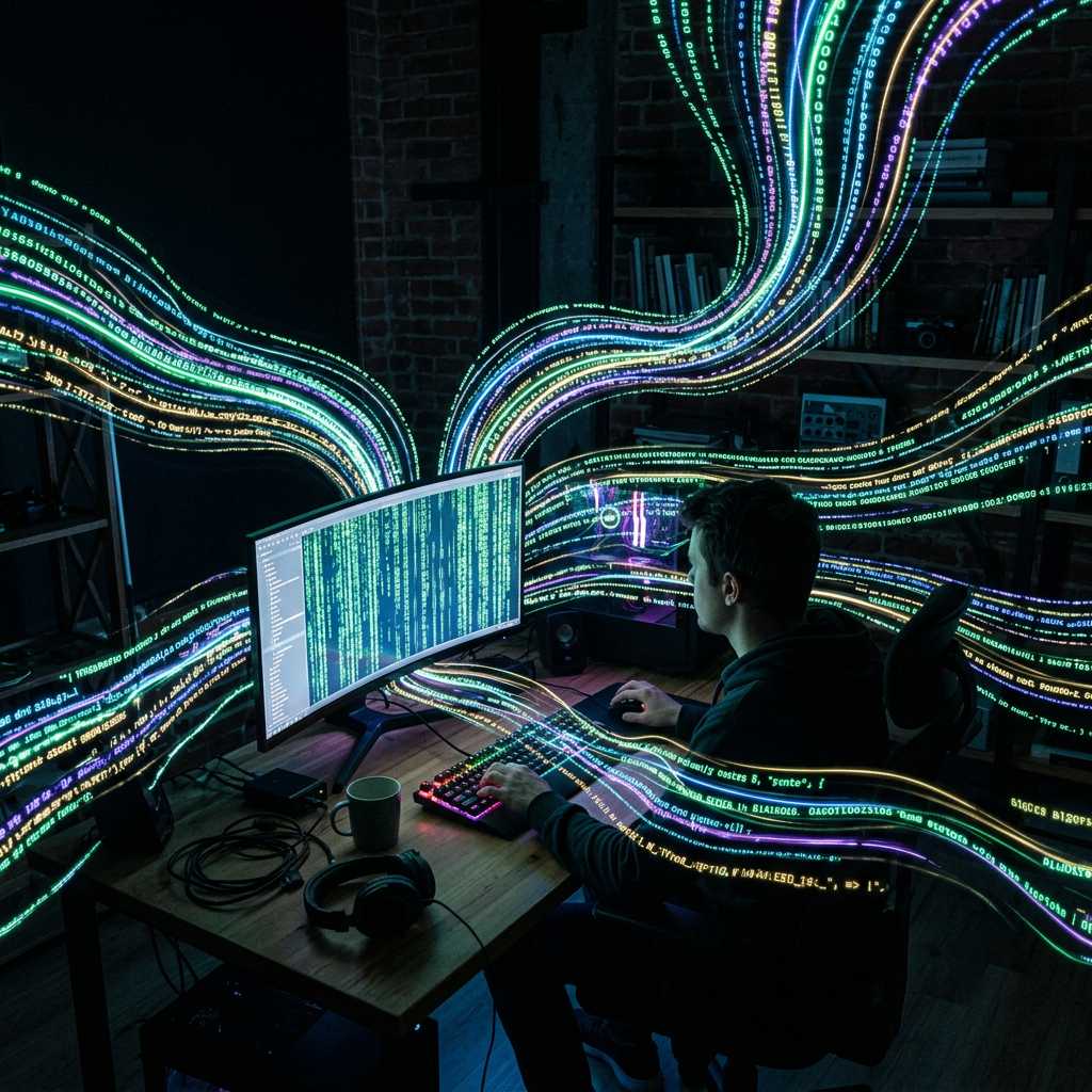 Person coding on curved monitor with glowing streams of digital data flowing around