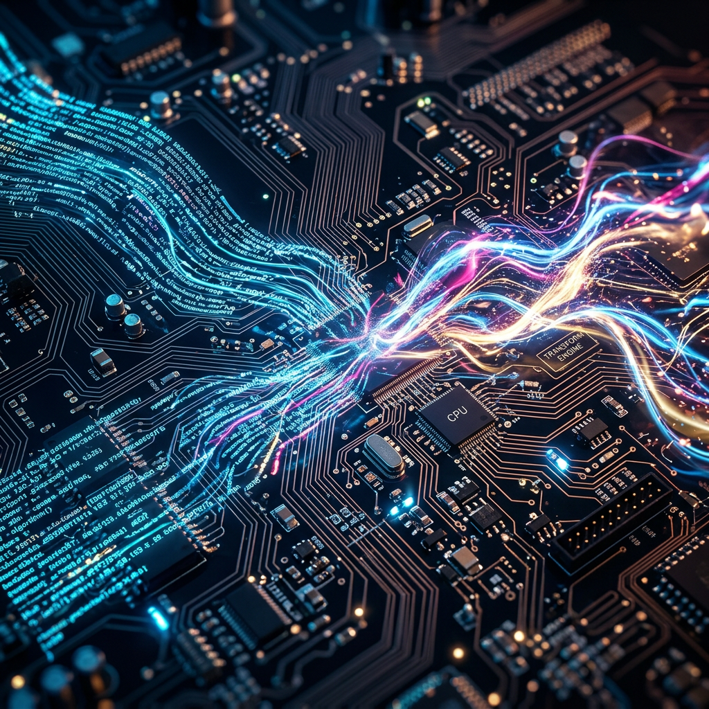 Circuit board with CPU and transformer engine chips connected by glowing data streams