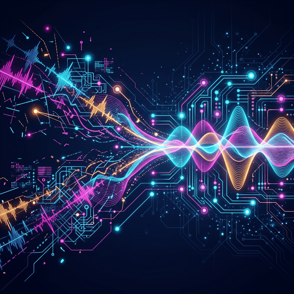Neon waveform patterns flowing through glowing electronic circuit lines